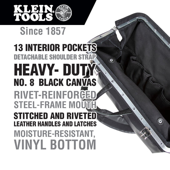 Klein 510218SPBLK Deluxe Tool Bag, Black Canvas, 13 Pockets, 18-Inch