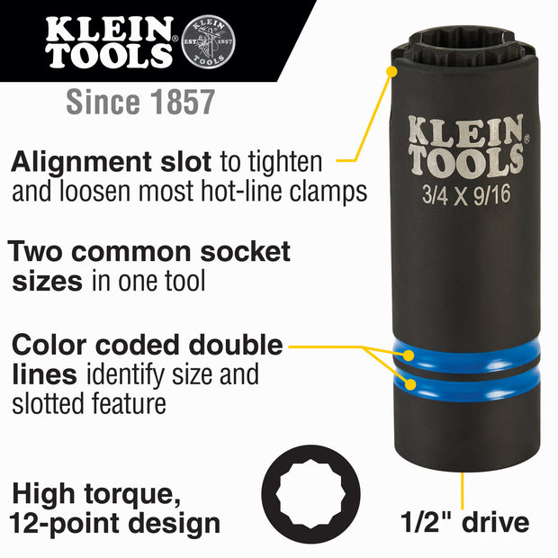 Klein 66031 3-in-1 Slotted Impact Socket, 12-Point, 3/4 and 9/16-Inch