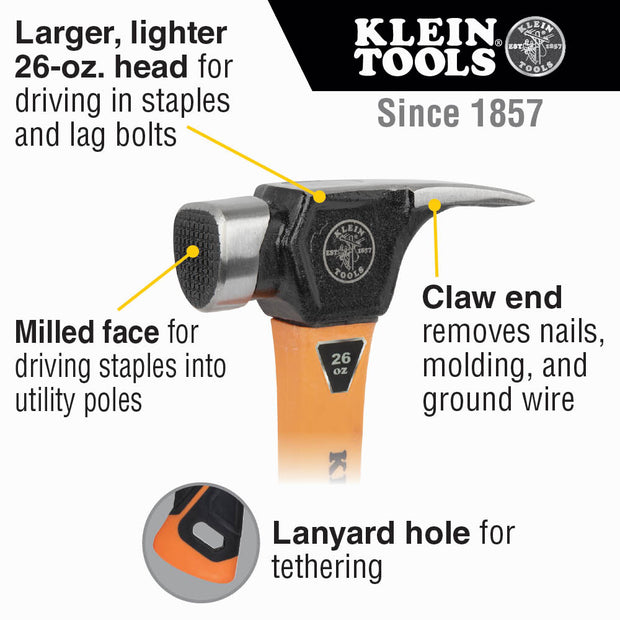 Klein 832-26 Lineman's Claw Milled Hammer