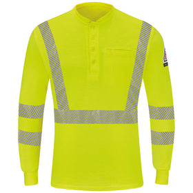 Bulwark SML4HV Men's Long Sleeve Hi-Vis Lightweight FR Henley, Yellow/Green