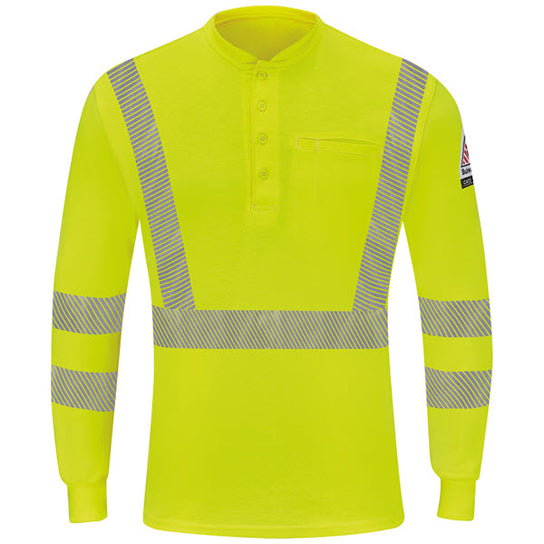 Bulwark SML4HV Men's Long Sleeve Hi-Vis Lightweight FR Henley, Yellow/Green